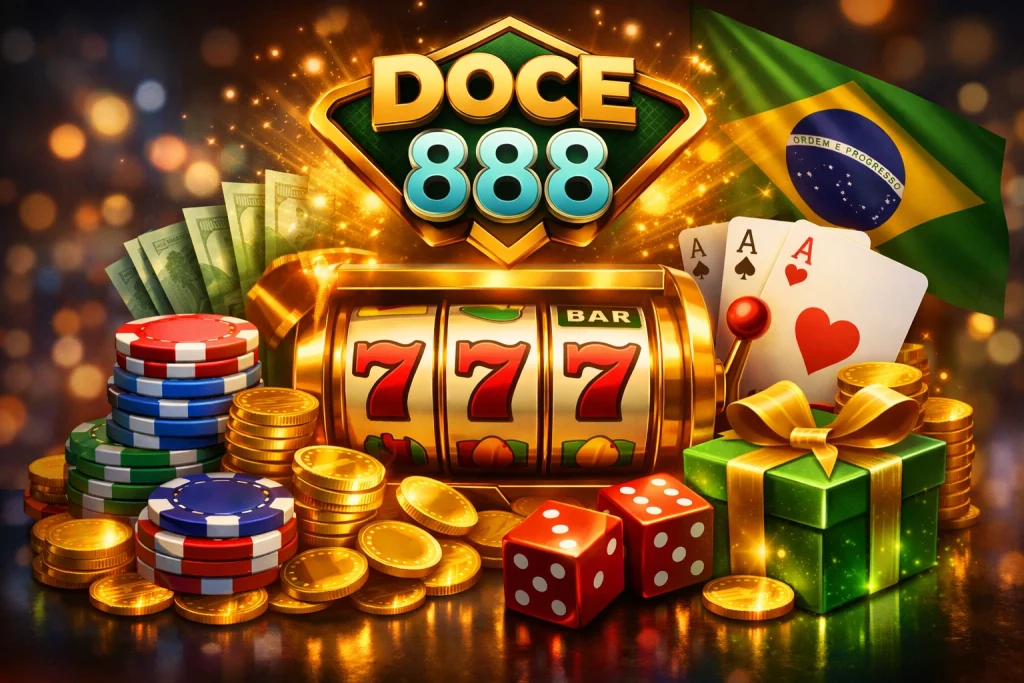 Ilustração temática de bônus do Doce 888 Casino com moedas douradas, máquina de Slots e fichas de cassino