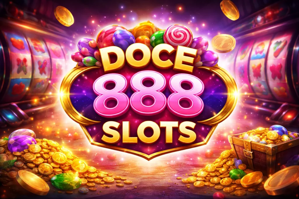 Doce 888 Slots com letreiro brilhante em dourado e rosa, moedas espalhadas, doces coloridos e rolos de cassino iluminados ao fundo