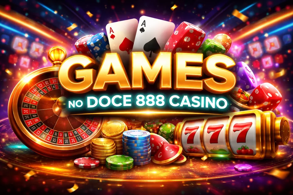 Seção Games do Doce 888 Casino ilustrada com roleta, moedas douradas, dados, cartas de ás e caça-níquel luminoso para jogadores do Brasil